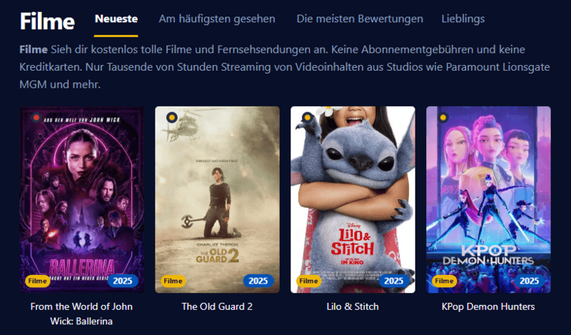 Bildschirmfoto der Oberflaeche von Einschalten die eine moderne Streaming-Plattform mit Filmen und Serien darstellt